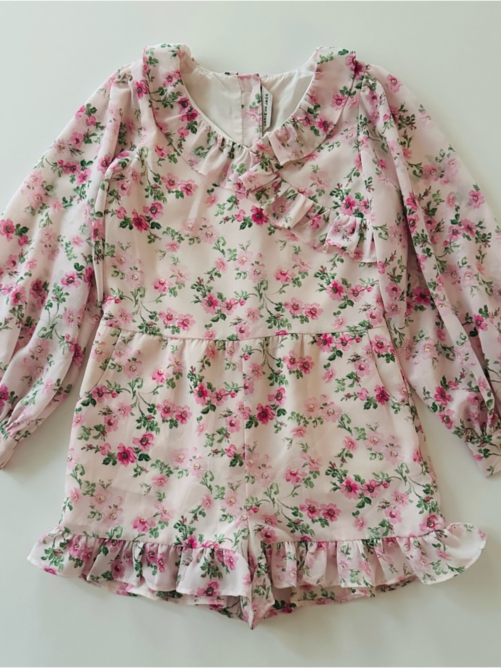Janie and Jack Girls 6 Pink Floral Long-Sleeve Romper Ruffle Chiffon